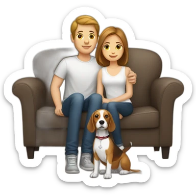 Brown hair White boy and girl with beagle Sit on couch sticker
