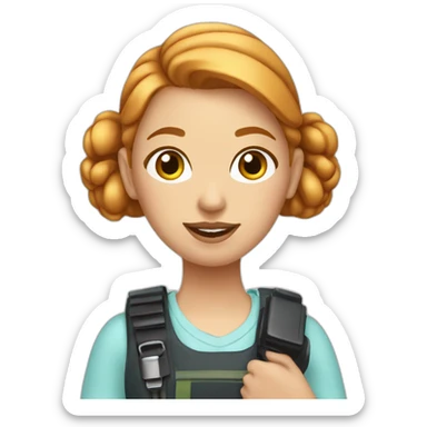 girl with her strawberry blonde hair in a bun and a walkie talkie sticker