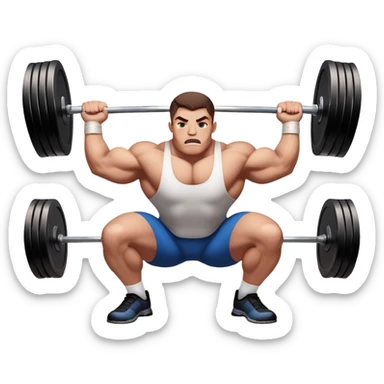 Powerlifter lifting a heavy barbell in a dramatic display of strength, muscles flexing under the pressure. The focus is on the lifter's intense effort and the heavy weights on each side. The background features a gym with weights and equipment, emphasizing the raw power of the sport.  sticker
