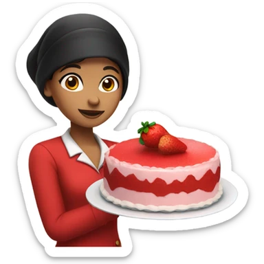 a girl black hair with red outfit and red baret bring strawberry cake sticker