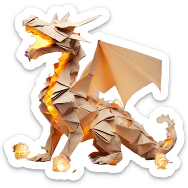 Beige Origami dragon made of newspapers on fire surrounded by fairy lights swirls covered in dried flowers bokeh library bunting floral flowers fire flames sticker
