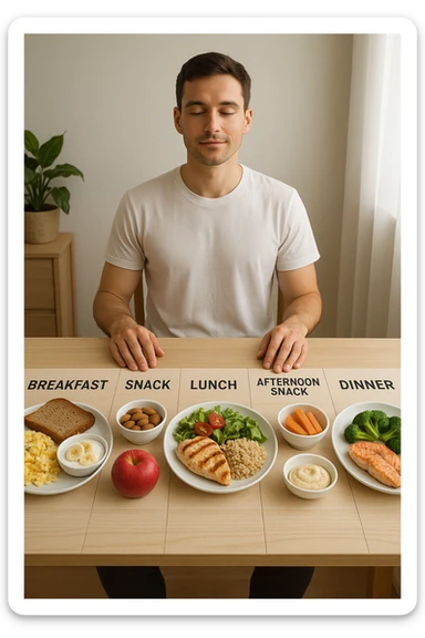 Uomo sereno con fisico sano e asciutto seduto davanti a un grande tavolo diviso in 5 sezioni, ognuna con un pasto bilanciato: colazione, spuntino, pranzo, merenda, cena. Ogni piatto ha porzioni equilibrate di proteine, carboidrati e grassi salutari. Ambiente ordinato, stile di vita sano, luce naturale, atmosfera di consapevolezza nutrizionale. sticker