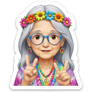 Elderly woman with long gray hair, peace sign necklace, colorful tie-dye clothing, round glasses, flower crown, hippie grandma sticker