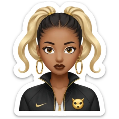“black Emoji girl, fierce confident expression, sharp black winged eyeliner, bold brows, matte nude lips, long curled lashes, sleek high ponytail, gold hoop earrings, sporty streetwear jacket.” sticker