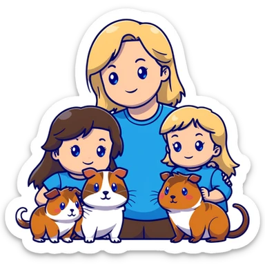 Family portrait with father with dark brown hair and blue eyes, mother with light brown hair and blue eyes, three blonde little girls with blue eyes, plus a grey cat and two guinea pigs sticker
