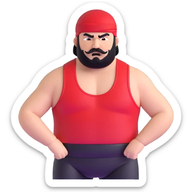 White skin fat guy with prominent black durag, short black beard and mustache, black eyes in a red and black wrestling singlet with angry face sticker