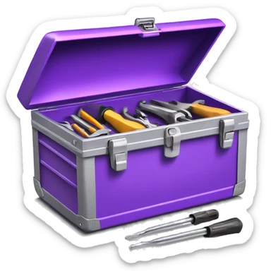 Realistic metallic purple tool box with top open and tools inside of it isolated.  sticker