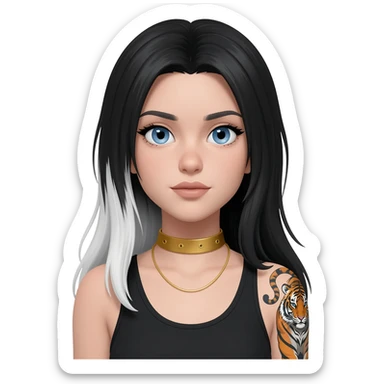 Emoji with blue eyes girl with long black and white hair wearing a gold choker neckless wearing black tank top tiger tattoo on right arm sticker