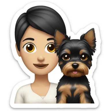 White lady with short black hair holding a Yorkie  sticker
