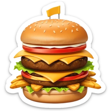 A clean and simple icon of fast food in emoji-style illustration. A burger with fries, naggets and shaverma, bright and bold colors, simple shapes, flat design, high contrast, inviting and appetizing. sticker
