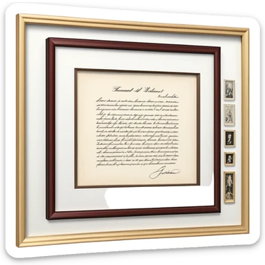 Icon for Autograph Collecting: a signed piece of paper or book page with a famous signature, surrounded by a collection of several framed autographs. Transparent background. sticker