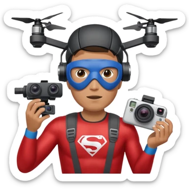 Super hero photographe, gopro sur la tête, masque fpv sur les yeux. Un drone à côté de lui. Il tiens un appareil photo reflex. sticker