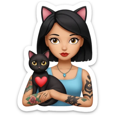 Arm tattoo ,beautiful, woman, doll, black hair with black cat sticker