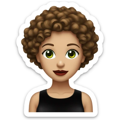 Curly woman in a black short velvet dress green eyes brown hair red lips sticker