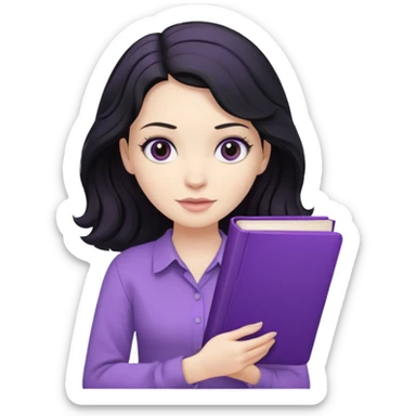 Long Hair Women with Black wavy hair, with purple Book, beige shir, without background sticker