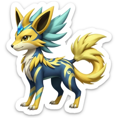 Feral Scaly Striking Slaying Badass Evil Handsome Lightning-patterned Zig-zagged buzzy fuzzy Meloetta-Renamon-Zeraora-Luxray-Cobalion-Suicune-Vernid-fusion-hybrid-creature, full body  sticker