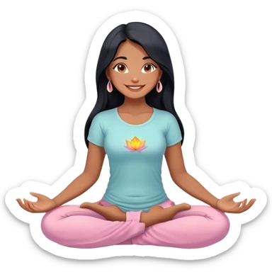 Cute chibi-style illustration of an Argentinian woman with long black hair, sitting in a lotus position, beaming with happiness, with a joyful, radiant smile and sparkling, expressive eyes, wearing clothing in color #8968A6, soft pastel shading, clean and smooth lines, white background, warm and friendly digital cartoon style, highly detailed, 8k resolution
 sticker