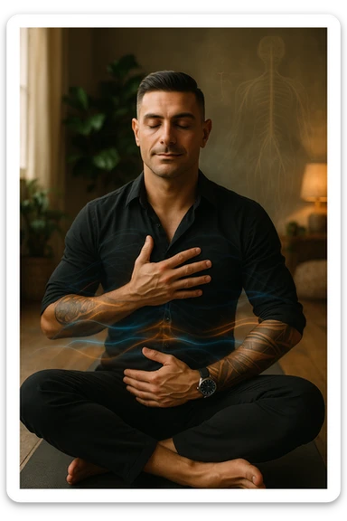 A highly realistic, cinematic portrait of a man in his early 30s with a calm, focused expression, sitting cross-legged on a yoga mat in a softly lit, peaceful room with warm, natural light. His eyes are gently closed as he practices slow, deep breathing, with one hand on his chest and the other on his abdomen, visibly rising and falling, symbolizing diaphragmatic breathing. Subtle blue and warm golden light waves gently swirl around him, visually representing the calming of anxiety, stress, and depressive thoughts. His posture is upright but relaxed, with relaxed shoulders and a slight serene smile on his lips, showing emotional relief and inner calm. The background has green plants and soft textures, evoking a peaceful and healing environment. The style is 35mm hyperrealistic photography with soft depth of field, focusing on his peaceful face and breathing posture, while faint overlays of nervous system diagrams and gentle energy waves hint at the healing power of conscious breathing on the mind and body sticker
