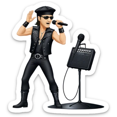 Icon for Rock Music: Klaus Meine with a microphone on the stand performing with Scorpions on stage, with powerful stage presence. The vibe should capture the energetic and iconic sound of Scorpions, with vibrant lighting and a stadium atmosphere. Transparent background. sticker