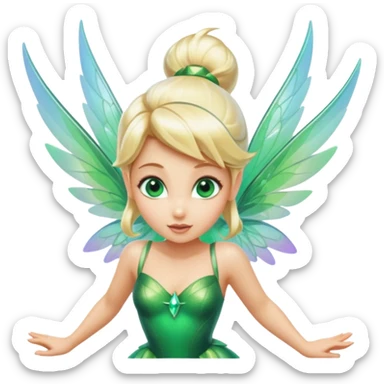Isolated, 3D rendering, Tinkerbell wuth futuristic ultra detailed iridescent wings, flying mid-air, blonde beautiful hair,  emerald green eyes,  sticker