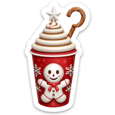 3D emoji of a festive paper cup from the Moscow Red Square Christmas fair. The cup features traditional Russian red and white ornaments. Steam is rising from the top, with a cinnamon stick and a small gingerbread man cookie peeking out. Glossy paper texture, soft 3D render, sticker