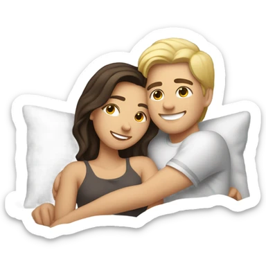Blonde girl and brunette guy cuddling in bed sticker