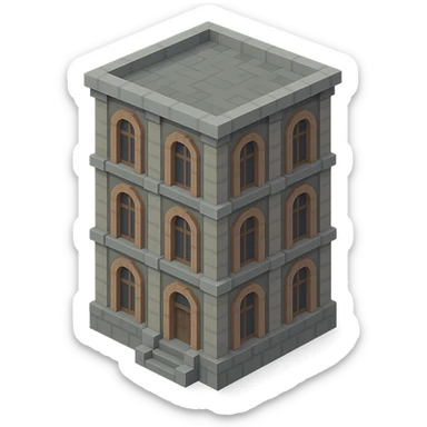 old Saint Petersburg building in voxel style, muted gray and brown colors, tall arched windows, isometric view sticker