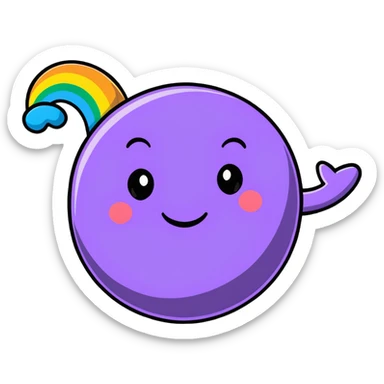 planet with rainbow polka dots all over its surface and a big grinning face sticker