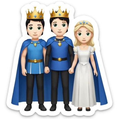 Prince with crown, blue cape and trousers, body and legs, black hair, blue eyes and maid, blonde hair, green eyes, sexy white short sleveless dress,  sticker