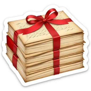 A beautifully arranged Stack of aged letters, tied with a red ribbon, envelopes, corespondence, aesthetic sticker