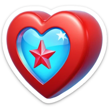 A blocky holographic red 3D heart with a bright blue star inside sticker