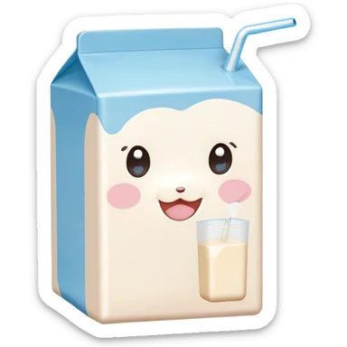 Cute Kawaii Milk Carton, small and boxy, bright pastel blue and white, blushing cheeks, a tiny straw poking out, soft glowing highlights, adorable farm-fresh cuteness! sticker