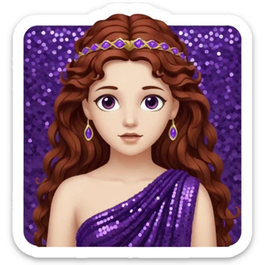 Persephone from Greek Gods with long dark auburn wavy hair, dark purple sequin toga sticker