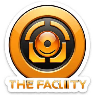 Minimal logo emoji with a glowing amber industrial emblem above bold text reading “THE FACILITY”, dark background, clean typography, sci-fi bunker aesthetic, high contrast, sticker