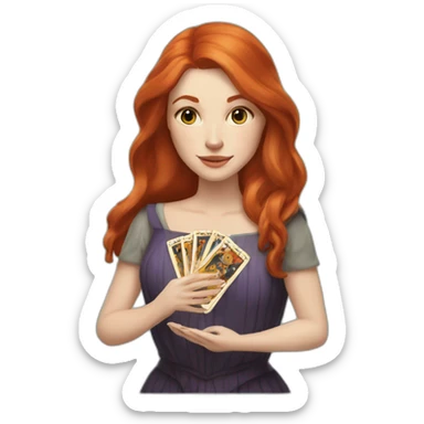 redhead white woman medium long straight hair, holding a tarot card in her hand sticker