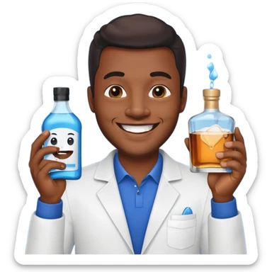 Black man holding dark blue mouthwash in one hand and whiskey in the other, smiling with sparkling teeth, emoji style sticker