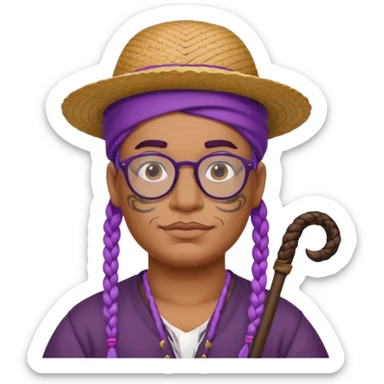 tattoed face, normal glassess, fat venice gondolier with iconic hat and purple braided hair sticker