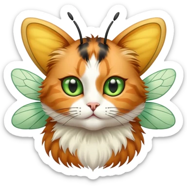 Calico Cat fluffy with bee wings antennae green eyes sticker