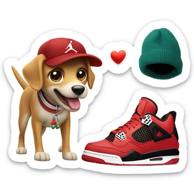 Dog with big tuna fish in mouth and fishers hat wearing Jordan 4 needs and Nike sweater sticker