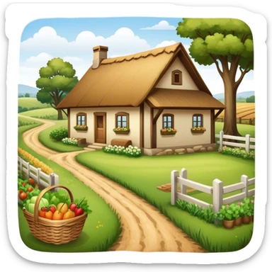 Icon for Rural Tourism: a peaceful countryside scene with a wooden cottage, a dirt path, grazing animals, and a basket of fresh produce. The icon should represent the tranquility and charm of rural life. Transparent background. sticker