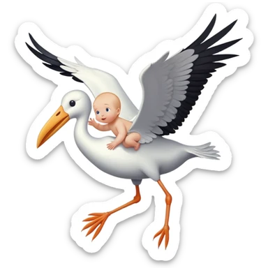 human baby in a bundle being carried by a flying stork sticker