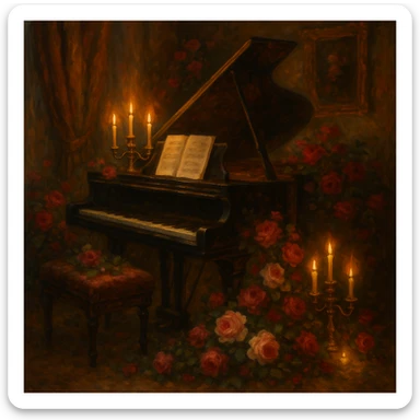 romantic period classical piano, grand, lush, surrounded by roses, candlelight, emotional atmosphere sticker