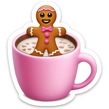 A gingerbread man inside a pink cup with hot chocolate with frosting  sticker