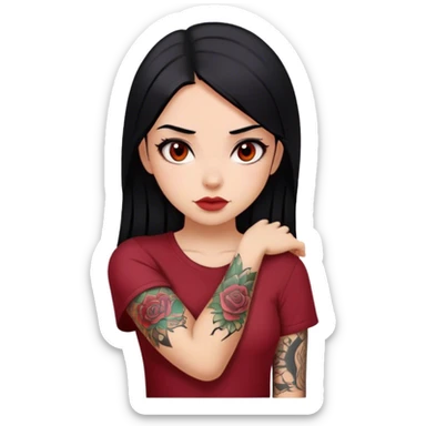 beautiful girl with black straight hair, dark red shirt, brown eyes, with tattoo in her forearm  sticker