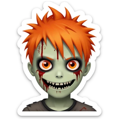boy zombie with orange skin, orange spikey emo hair, black and red eyes, bloody smile, cartoonish sticker
