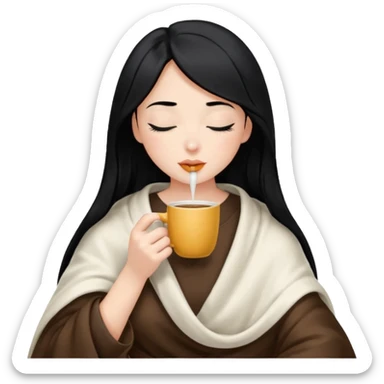 black hair girl long hair inside a white milky satin blanket sipping coffee eyes closed sticker