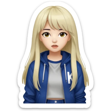 Portrait of a female K-pop idol, wearing a stylish streetwear outfit with layered clothing, long hair with bangs, makeup, cool face sticker