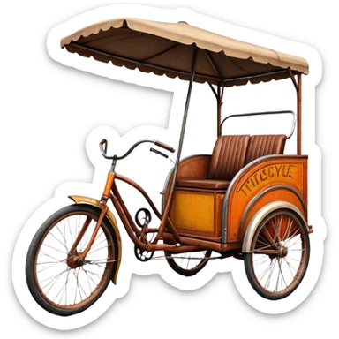 ​Cinematic Realistic Tricycle Rickshaw, depicted as a vintage manually operated vehicle featuring two front wheels and a single rear wheel, rendered with detailed rustic textures, vibrant colors, and dynamic urban lighting that captures its unique design and cultural charm, sticker