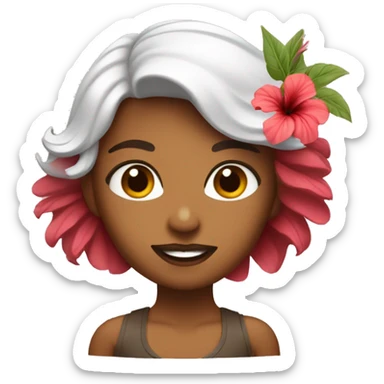 Chica de piel blanca con pelo ondulado y color marrón con una lo de hibiscus  sticker