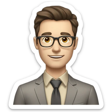 Pale skinned fit man with dark brown hair in gray jacket, beige office shirt, brown tie, brown pants and vintage glasses Writing on the flipchart sticker